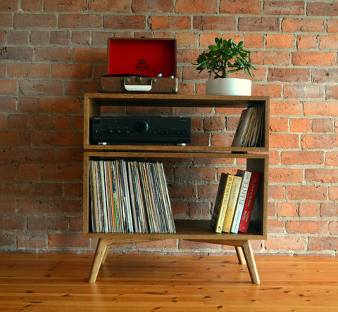 'Rhosin' solid oak, stacked media unit with rounded oak legs