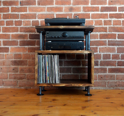 Industrial vinyl storage unit with charred wood finish