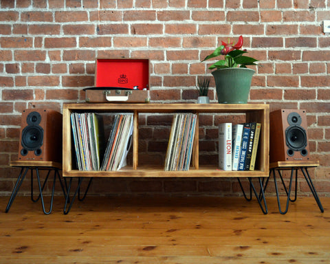 Mid Century record player stand with dowel dividers