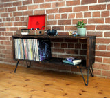 Mid Century Modern vinyl storage unit with hairpin legs and charred finish