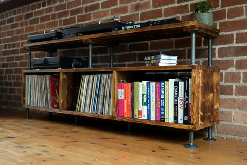 XL DJ unit / vinyl storage with charred wood finish and steel pipe fittings