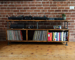 XL DJ unit / vinyl storage with charred wood finish and steel pipe fittings