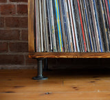 XL DJ unit / vinyl storage with charred wood finish and steel pipe fittings