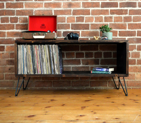 Mid Century Modern vinyl storage unit with hairpin legs and charred finish