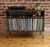 Record player stand with hairpin legs and Shou Sugi Ban finish