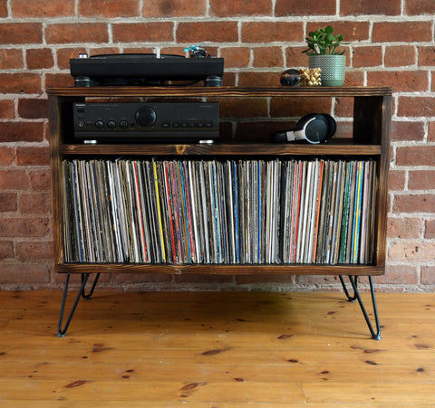 Record player stand with hairpin legs and Shou Sugi Ban finish