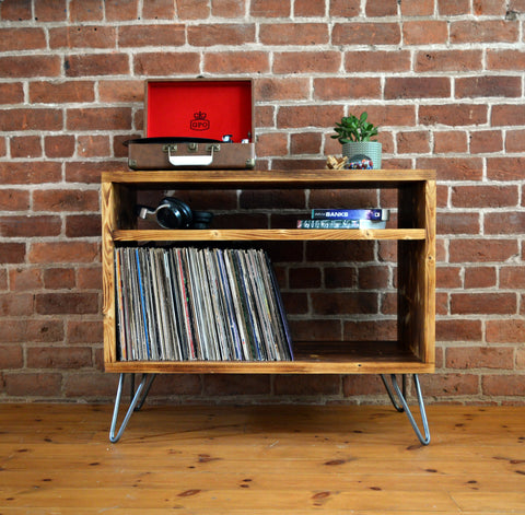 Vinyl storage unit with hairpin legs and charred wood finish