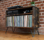 Record player stand with hairpin legs and Shou Sugi Ban finish