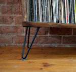 Record player stand with hairpin legs and Shou Sugi Ban finish